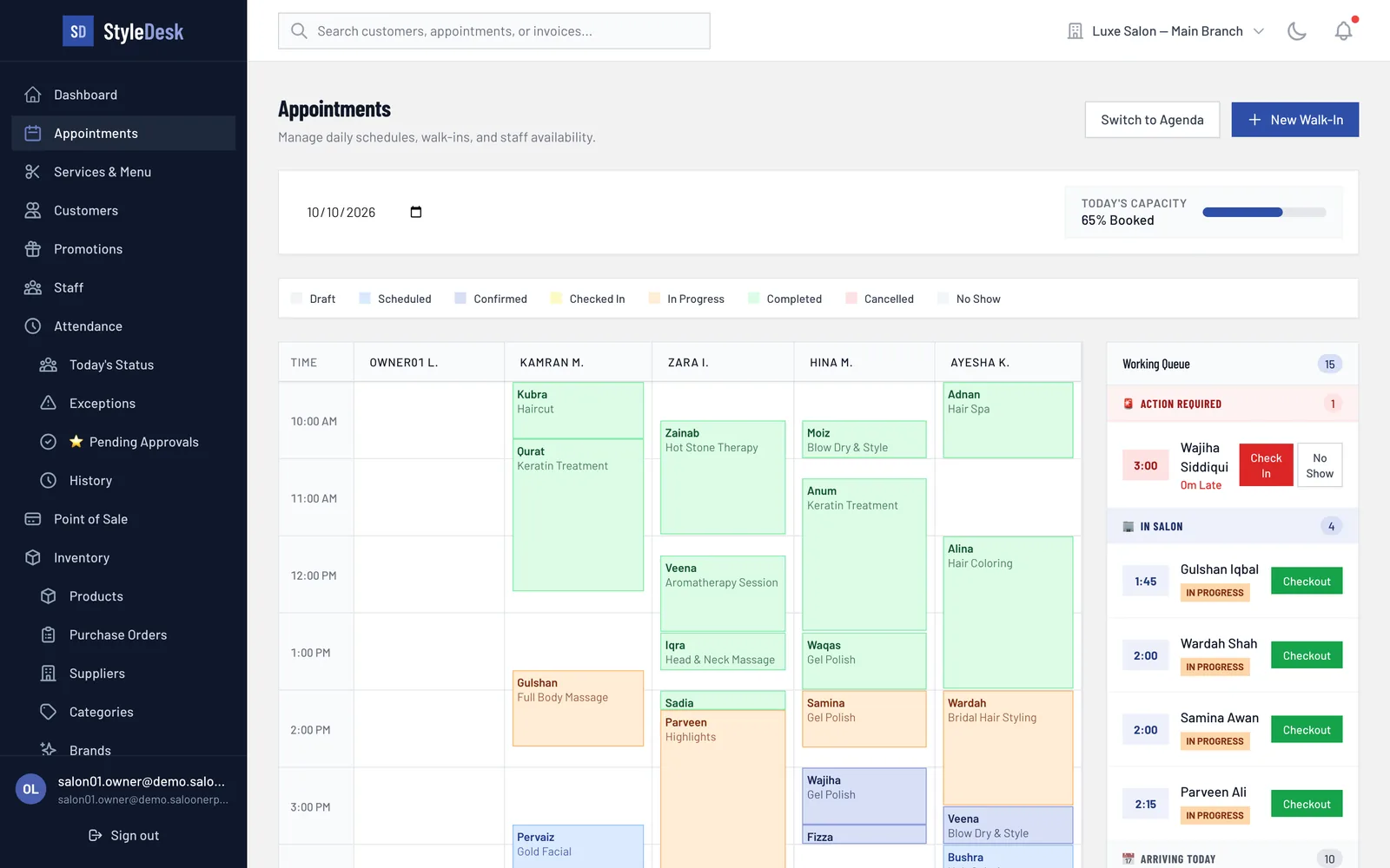 StyleDesk appointment calendar with bookings in each stylist's column