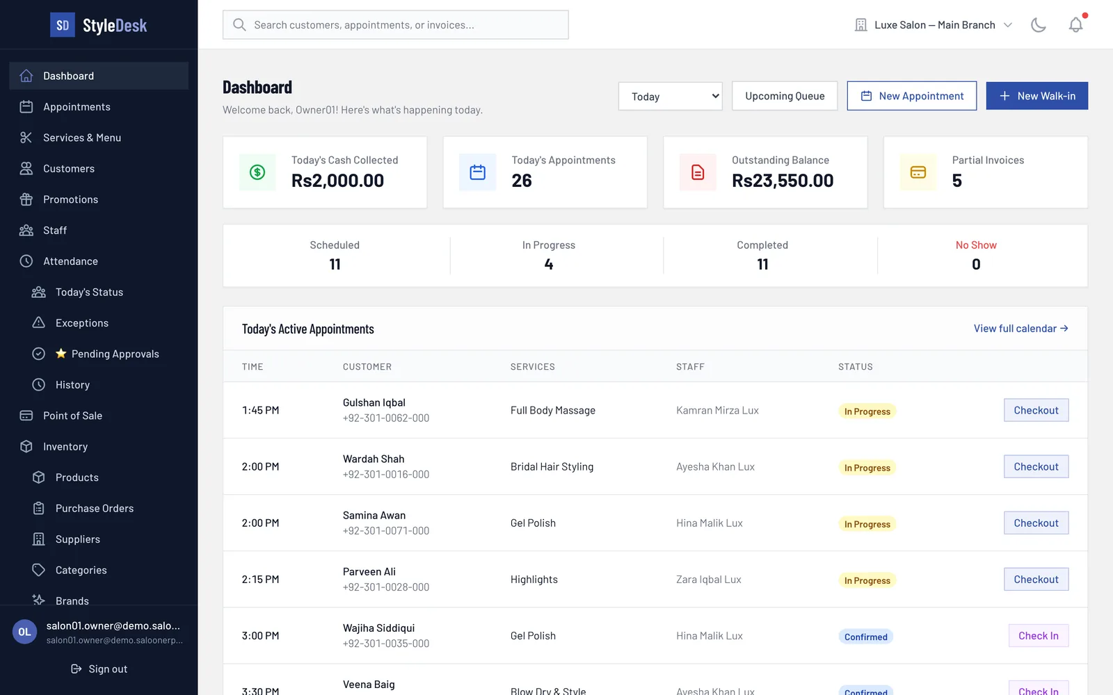 StyleDesk front-desk dashboard listing today's appointments with each stylist and their status