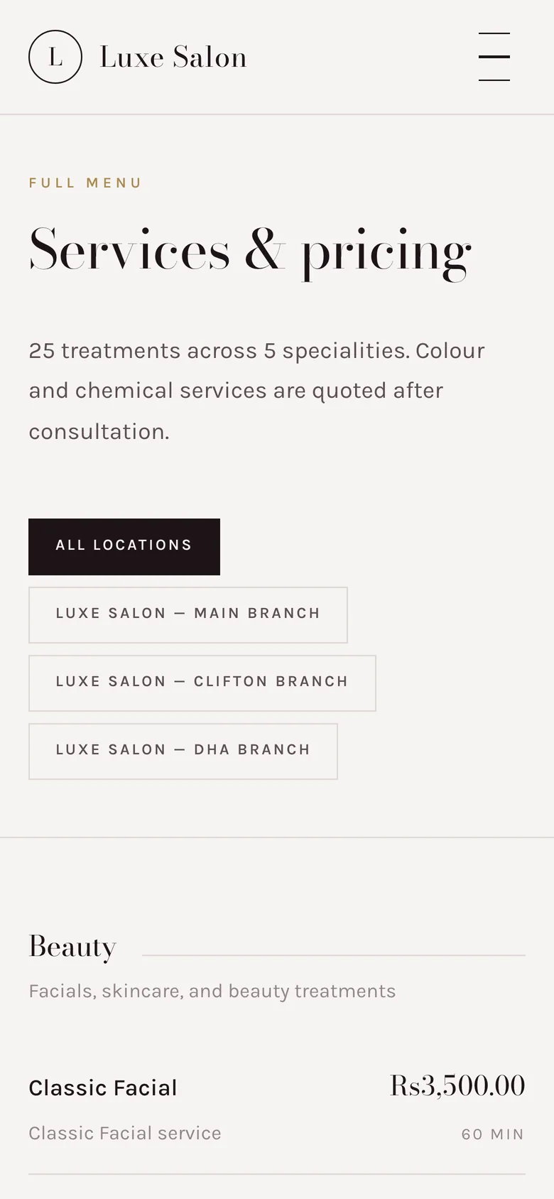 A demo salon's service menu with prices on its StyleDesk booking website, on a phone